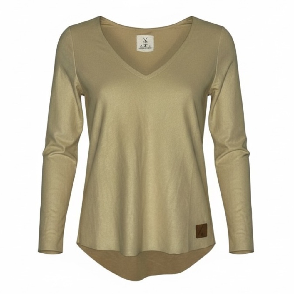 Tribe Kelley Faux Suede Tan Long Sleeve High Low V-Neck Top
